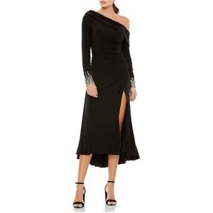 Ieena by Mac Duggal 26485 Black Jeweled One‑Shoulder Midi Dress – Size 4 NWT